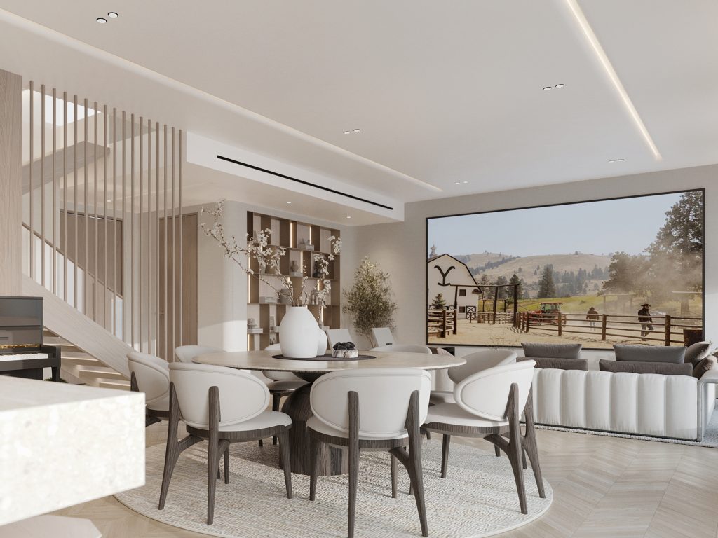 Dining area of the Four Seasons apartment with a round table and curved chairs in front of the living room and a slatted staircase screen