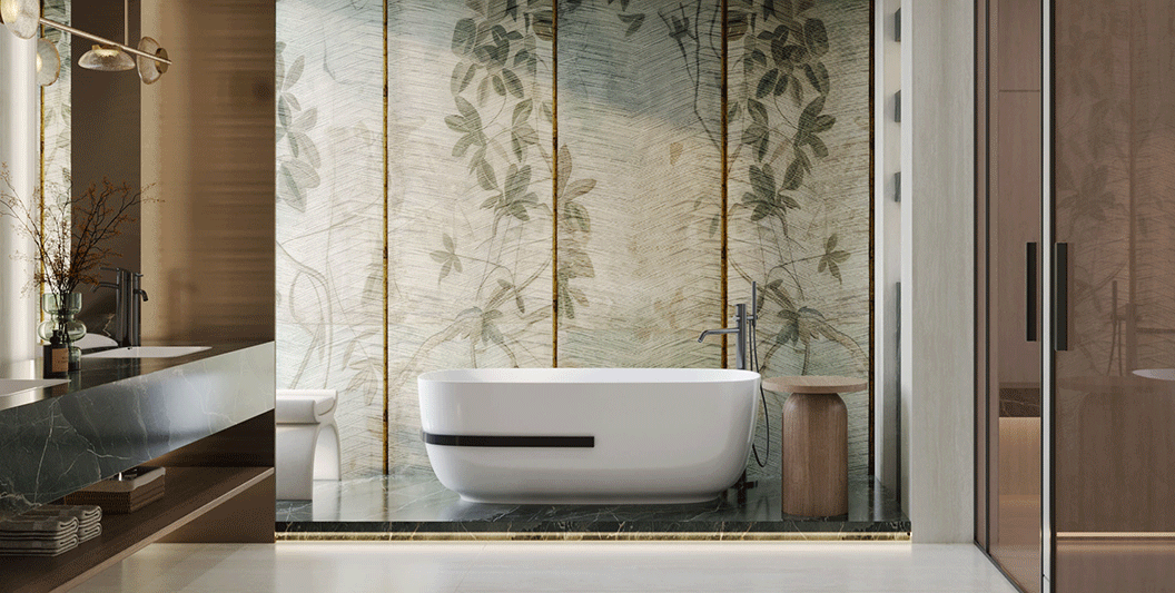 Luxury wellness bathroom design in Dubai with botanical wallpaper behind a freestanding bathtub on a green marble plinth, by Elementa Interior Design
