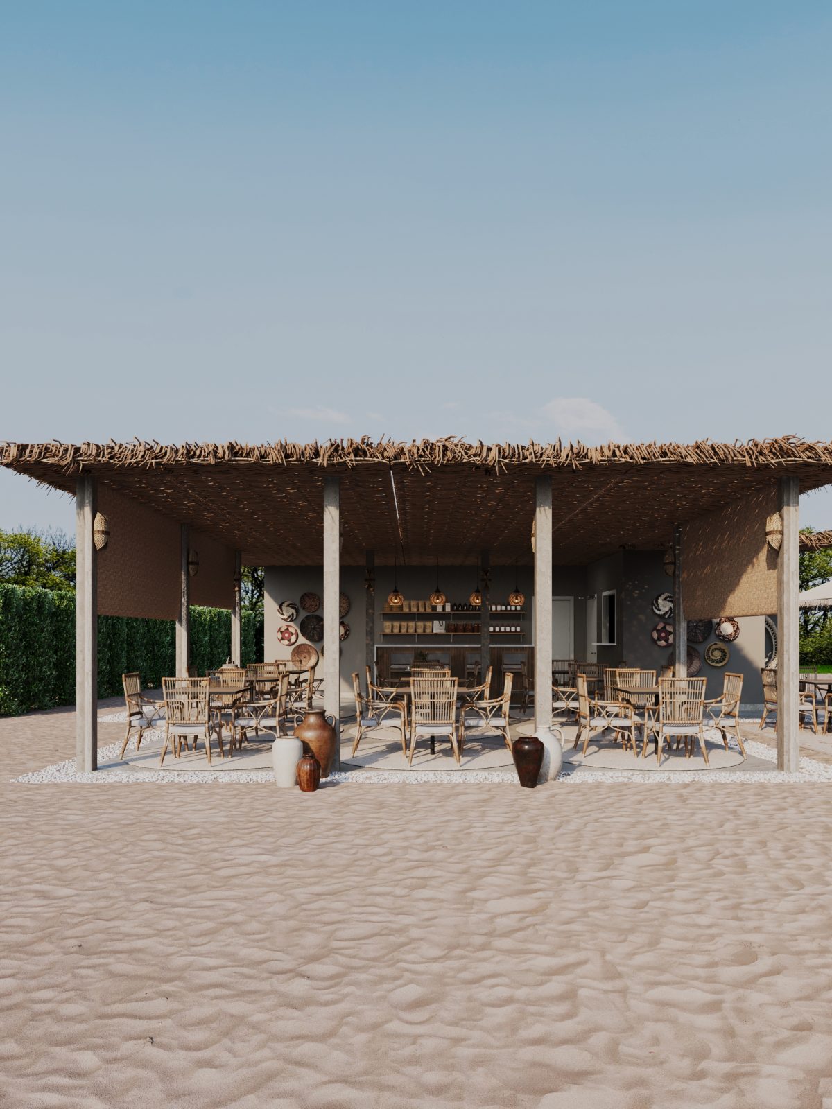 Open-air beach lounge with wooden roof, wicker chairs, and sandy floor in Qatar.