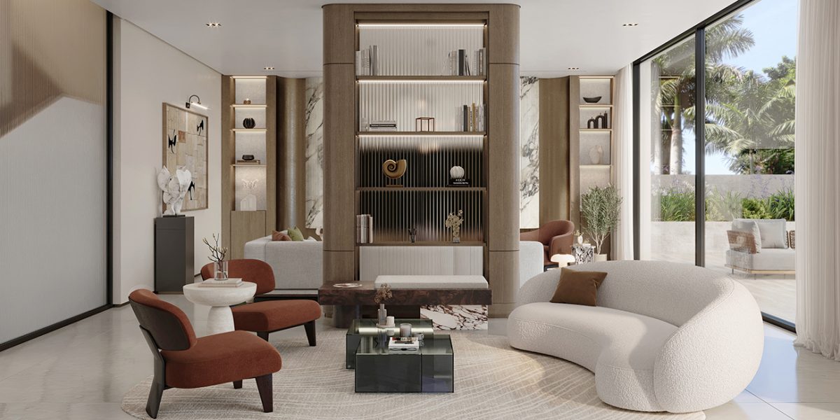 Luxurious living room with modern furniture, large windows, and decorative shelving.