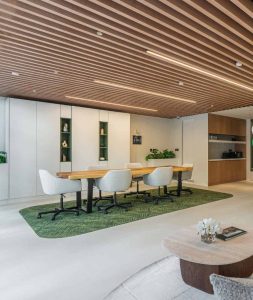 Modern interior dining space with minimalist design and natural wood accents.
