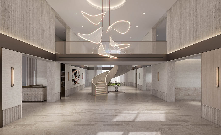 Elegant family villa interior in Dubai with natural materials, soft neutral tones, and custom finishes