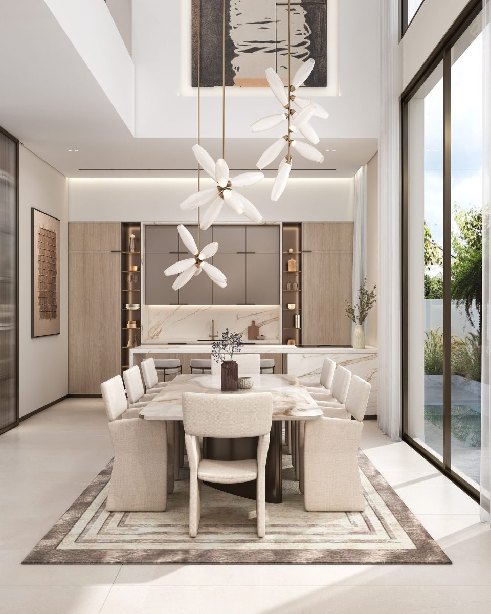 Double-height kitchen and dining room of a Nad Al Sheba villa, Dubai