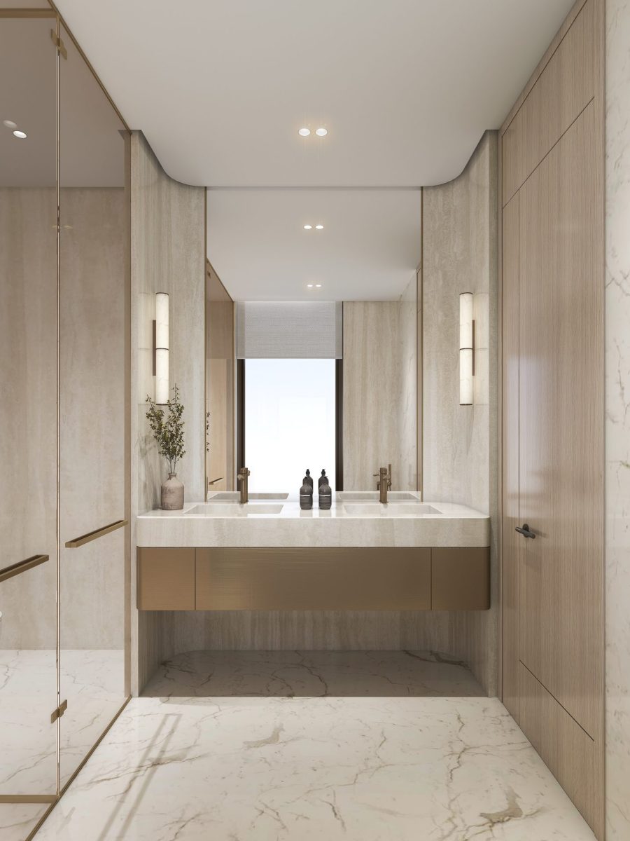 Master bathroom of the Nad Al Sheba villa in pale marble