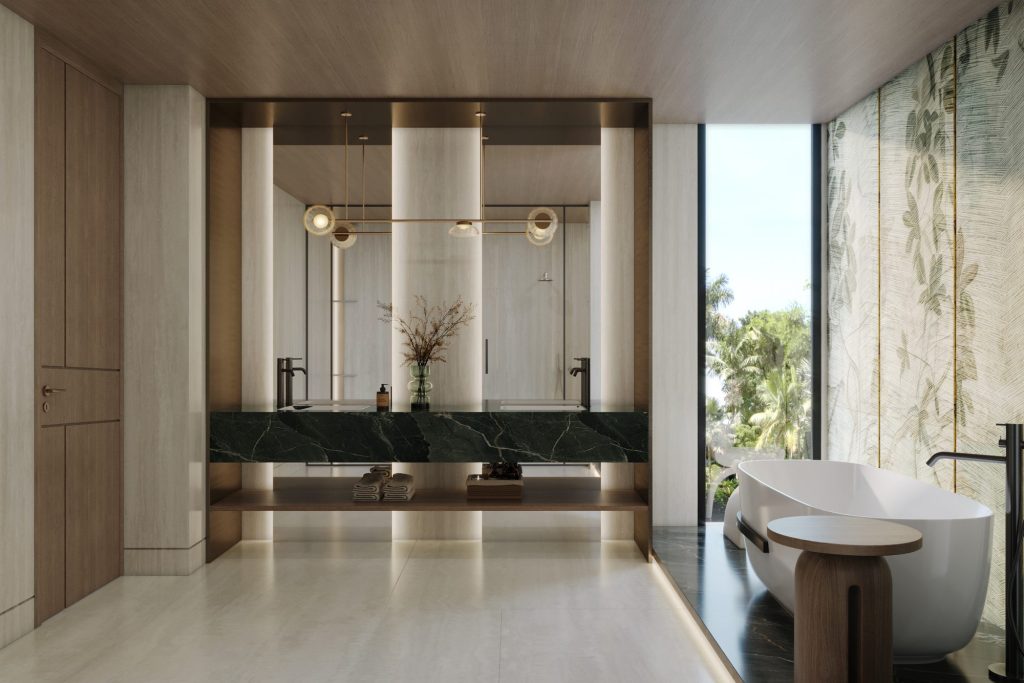 Photorealistic render of a master bedroom opening onto its bathroom and garden