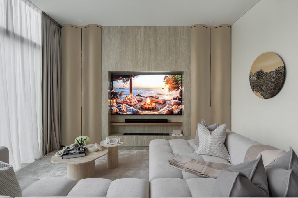 Styled living room of the Peninsula townhouse with layered textures