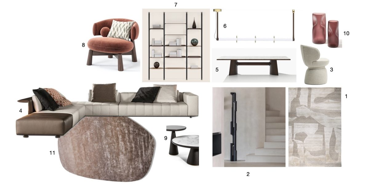 Numbered furniture selection board with a rust velvet armchair, a sectional sofa, a stone-shaped rug, a dining table, side tables, shelving, a linear pendant light and vases